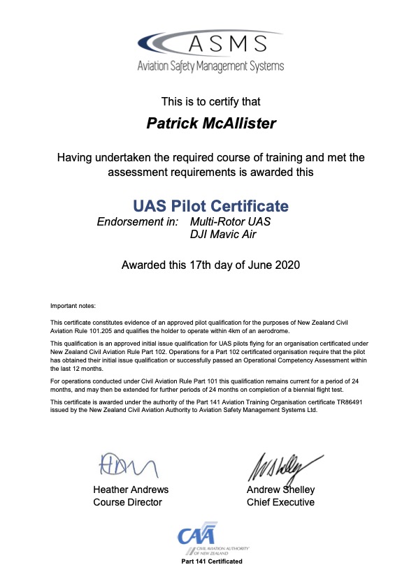 Patrick McAllister UAS Pilot Certificate Part 101